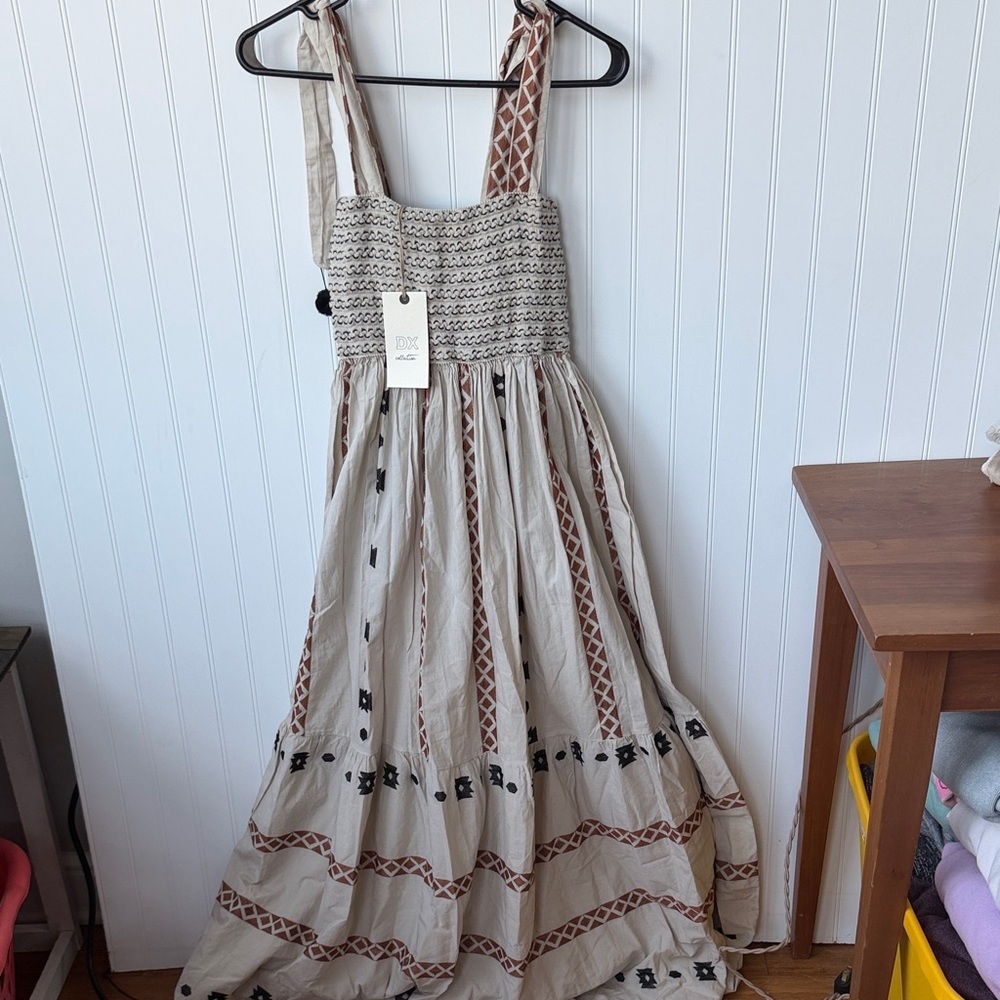 DXCollection Smocked Embroidered Boho Maxi Dress-Size Medium-Mediterranean style